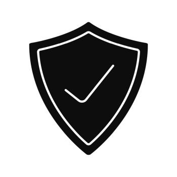 Security check glyph icon. Silhouette symbol. Protection shield with tick mark. Negative space. Vector isolated illustration. Security check glyph icon