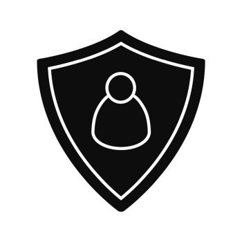 User security glyph icon. Silhouette symbol. Protection shield with man figure. Negative space. Vector isolated illustration. User security glyph icon