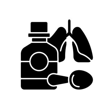 Cough syrup black glyph icon. Cold medicine. Soothing irritated throat. Coughing suppressant. Bronchitis treatment. Block cough reflex. Silhouette symbol on white space. Vector isolated illustration. Cough syrup black glyph icon