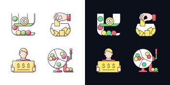 Lottery formats light and dark theme RGB color icons set. Ball draw machine. Raffle. Million-dollar jackpot. Isolated vector illustrations on white and black space. Simple filled line drawings pack. Lottery formats light and dark theme RGB color icons set