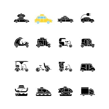 Taxi types black glyph icons set on white space. Transporting clients. Taxicab vehicle. Cycle rickshaw. Urban transport. Travel service. Silhouette symbols. Vector isolated illustration. Taxi types black glyph icons set on white space