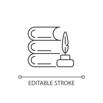 Literature linear icon. Writing, reading books. Pile of books, quill, ink pot. Literature lessons. Thin line customizable illustration. Contour symbol. Vector isolated outline drawing. Editable stroke. Literature linear icon