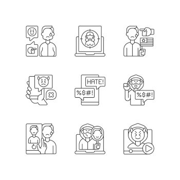 Online harassment and bullying linear icons set. Weight-base cyberbullying and bodyshaming. Customizable thin line contour symbols. Isolated vector outline illustrations. Editable stroke. Online harassment and bullying linear icons set