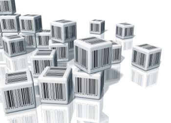 Heap of white cubes with barcodes on white reflective background