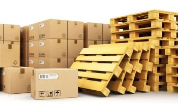Creative abstract cargo, delivery and transportation logistics storage warehouse industry business concept: 3D render illustration of the group of stacked corrugated cardboard boxes on wooden shipping pallets isolated on white background