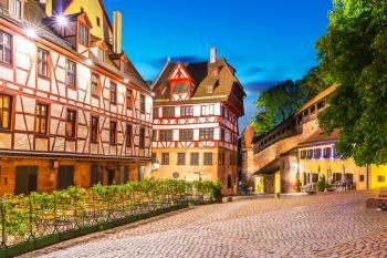 Scenic summer night view of the Old Town medieval architecture with half-timbered buildings in Nuremberg, Bavaria, Germany