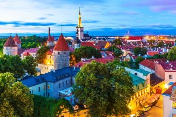 Scenic summer evening aerial view of the Old Town architecture at the Toompea Hill in Tallinn, Estonia