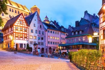 Scenic summer night view of the Old Town medieval architecture with half-timbered buildings in Nuremberg, Germany