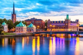 Scenic evening panorama of the Old Town (Gamla Stan) pier architecture in Stockholm, Sweden