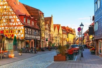 Scenic sunset view of ancient buildings and street architecture in the Old Town of Furth, Bavaria, Germany