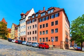 Scenic summer view of street with extreme slope in the Old Town in Nurnberg, Bavaria, Germany