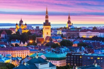 Evening scenic summer panorama of the Old Town architecture in Tallinn, Estonia