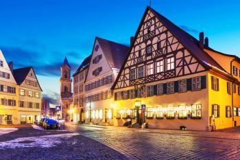 Scenic winter evening view of the Old Town ancient medieval architecture of Dinkelsbuhl, Bavaria, Germany