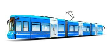 Creative abstract city transportation and business travel technology industrial concept: blue modern streamlined urban tram isolated on white background