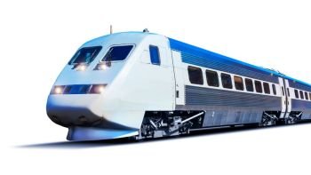 Creative abstract railroad travel and railway tourism transportation industrial concept: modern high speed passenger commuter train isolated on white background
