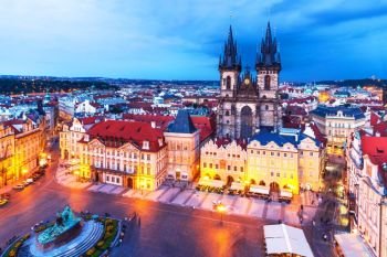 Scenic summer evening aerial panorama of the Old Town Square and Church of Our Lady before Tyn in Prague, Czech Republic