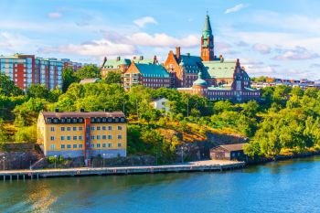 Scenic summer panorama of the Old Town pier architecture in Stockholm, Sweden