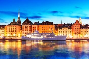 Scenic summer evening view of the Old Town (Gamla Stan) architecture pier in Stockholm, Sweden