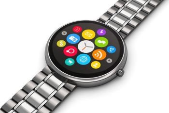 Creative abstract business mobility and modern mobile wearable device technology concept: black stainless steel luxury digital smart watch or clock with color screen interface with application icons and buttons and titanium bracelet isolated on white background