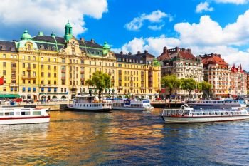 Scenic summer panorama of the Old Town (Gamla Stan) pier architecture in Stockholm, Sweden