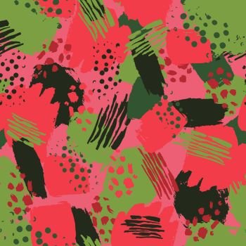 Vector colorful seamless pattern with brush strokes and dots. Pink green color on pinky background. Hand painted grange texture. Ink geometric elements. Fashion modern style. Unusual and kid.. Vector colorful seamless pattern with brush strokes and dots. Pink green color on pinky background. Hand painted grange texture. Ink geometric elements. Fashion modern style. Unusual