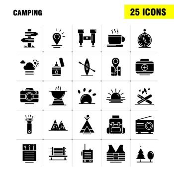 Camping Solid Glyph Icons Set For Infographics, Mobile UX/UI Kit And Print Design. Include: Cloud, Sun, Weather, Tea, Cup, Coffee, Hot, Box, Icon Set - Vector