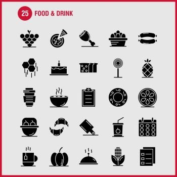 Food And Drink Solid Glyph Icons Set For Infographics, Mobile UX/UI Kit And Print Design. Include: Breakfast, Croissant, Food, Food, Hood, Kitchen, Food, Hot Icon Set - Vector