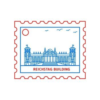 REICHSTAG BUILDING postage stamp Blue and red Line Style, vector illustration