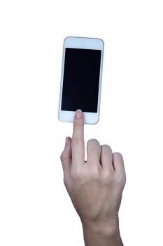 Hand holding Smartphone on white background blank communication connection body part close-up