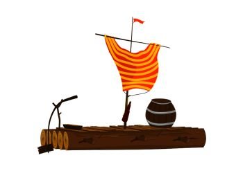 Cartoon raft with a barrel and a sail made of a shirt. Wooden raft. Side view. Flat vector.