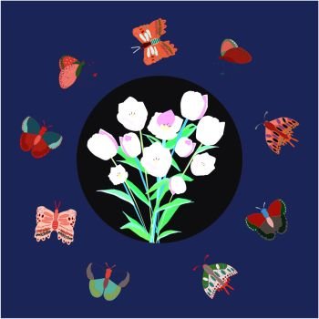 Circle border with tulips and butterflies on blue background. Greeting card, poster design element. Vector Illustration.. Round frame with tulips and border of butterflies.