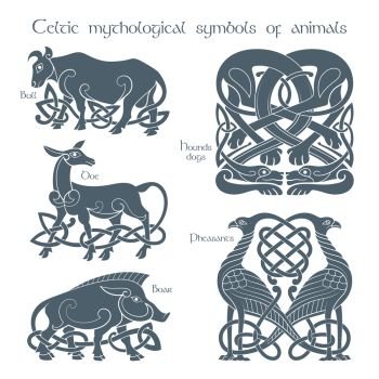 Ancient celtic mythological symbol animails set. Vector knot ornament.. Ancient celtic mythological symbol animals set
