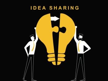 Two man are sharing the idea bulb puzzle to unite the one idea 