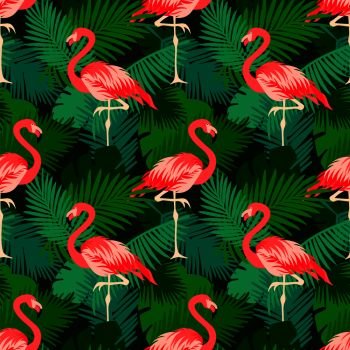 Seamless floral vector summer pattern with tropical jungle leaves, flamingo.