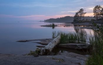 Rocky coast of the lake with driftwood and small islands against the summer northern sunset. Reflection of the night sky in mirror water. White Nights season in the Onega Lake - Karelia, Russia.