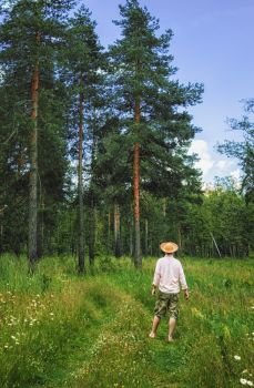Man in a straw hat back view standing in pine forest at summer day. Vintage Film filter.. Man in Summer Forest