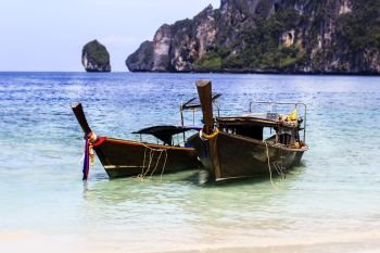 Long tail boats on Phi Phi Islands, Thailand.An exotic place