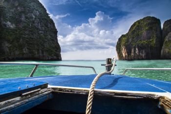 Amazing view of a yatch on maya bay, Thailand.An exotic place.