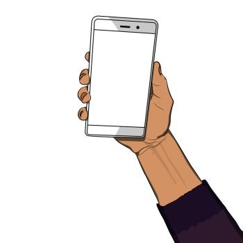 Hand holding white cellphone with white screen. Cartoon pop art retro vector illustration drawing in comic book style.