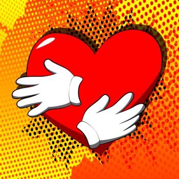 Vector cartoon hand hugging red heart. Illustrated sign on comic book background.