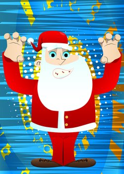 Santa Claus in his red clothes with white beard is trying to scare you. Vector cartoon character illustration.