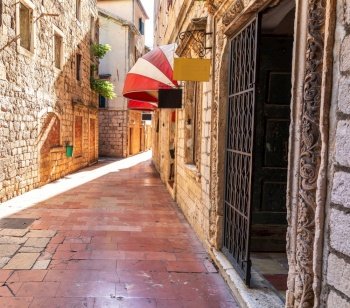 Traditional adriatic medieval Street in the Old Town Of Kotor, Montenegro.