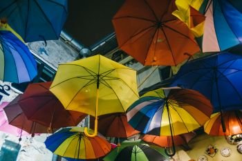 Colorful umbrellas decoration in European street decoration style