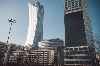 Modern skyscrappers in business center of Warsaw. New polish architecture in downtown