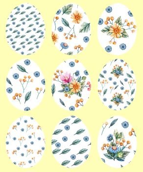 Set of 9 white Easter eggs on a yellow background with a pattern of flowers. Decorative Easter eggs with wildflowers. Yellow daisies, blue carnations, green leaves are limited to the shape of the egg.. Set of 9 Easter eggs on a yellow background with a pattern of wild flowers.