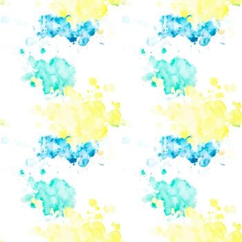 Seamless pattern with multicolored watercolor blots with splashes and stains on a white background. Watercolor spots of yellow, green and blue. Gentle fun pattern for children drawn by hand.. Seamless pattern with multicolored watercolor blots on a white background.