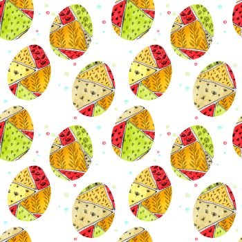 Seamless pattern with Easter eggs with a colorful pattern in doodle style. Spring holiday painted egg with red, orange, yellow, green and beige spots. Geometric shapes, fruits and cake spread.. Seamless pattern with Easter eggs with pattern in doodle style.