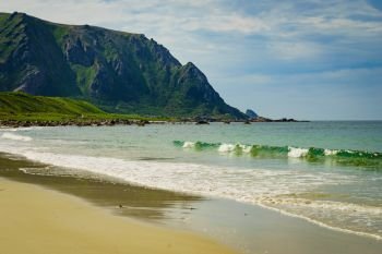 Seascape, sea coast with sandy beach in resort Bleik. Andoya Norway. Vesteralen archipelago.. Sea coast sandy beach in resort Bleik Andoya Norway