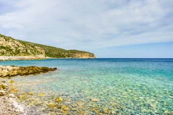 Greek rocky stone sea coastline , Greece Peloponnese. Greek sea coastline on Peloponnese