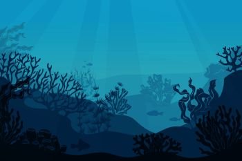 Underwater seascape. Seafloor, undersea with seaweed. Dark saltwater with corals silhouettes. Ocean reef bottom vector background. Underwater seascape. Seafloor, undersea with seaweed. Dark saltwater with corals silhouettes. Ocean reef bottom